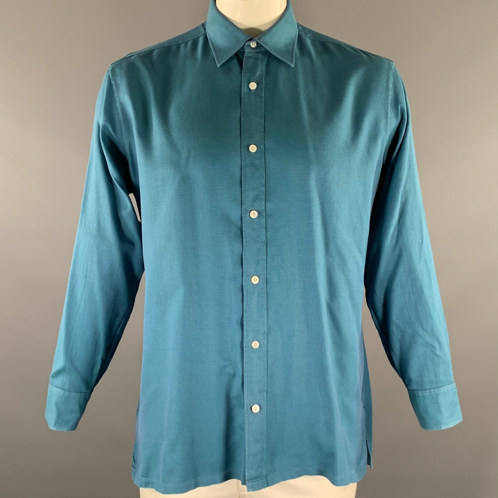 Charvet Size Xl Turquoise Purple Check Pointed Collar Long Sleeve Shirt